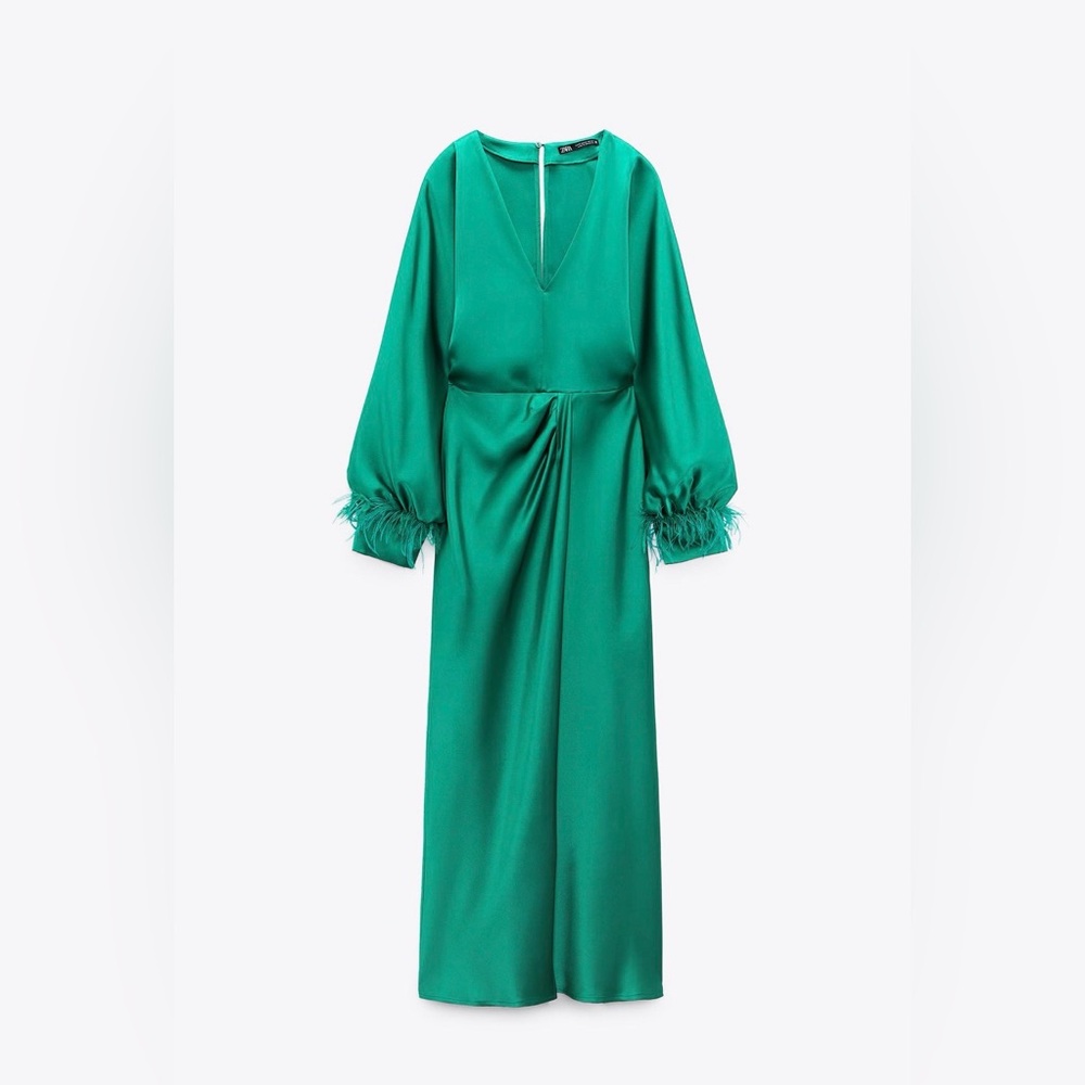 Zara Feathered Satin Effect Midi Green Dress, XXL